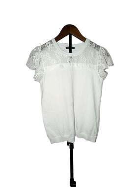 Adrianna Papell White Knit Short Sleeve Top with Lace Detail